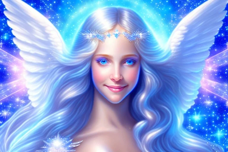 angel cosmic women with long hair, light eyes and blue brightness tunic, with a little sweety smile, with big crystal wings, in a background of stars and bright beam in the sky