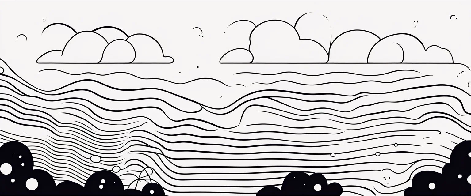 a series spaced curved and looping horizontal lines with paths inspired by clouds bubbles and flowers, cloud topography, whimsical cute, kawaii, black lines on white, vector lines