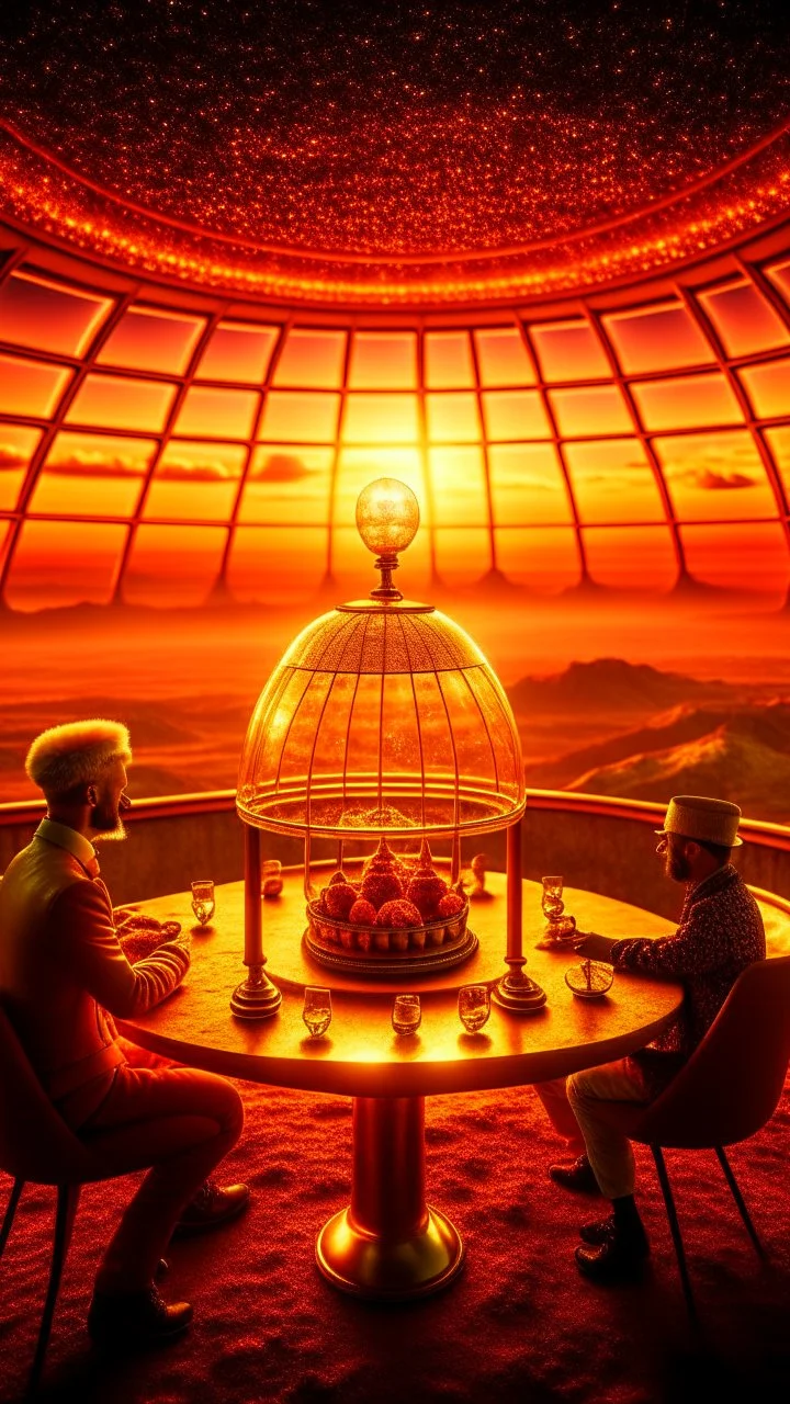 full shot of happy dandys drinking in a floating glass dome, dreamlike atmosphere, in the background the landscape burns like hell, in the style of man ray