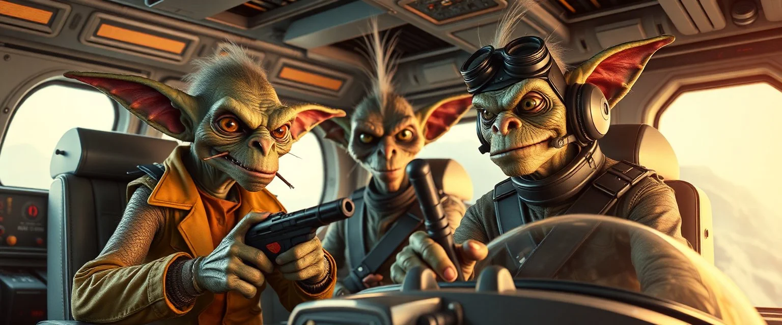 portrait of researcher slender alien rich troll orc hill billy fluffy captain pilot focus controlling flight stick in deep action, gremlin cyber punk with two crew members, in sci fi air ship waiting hall, in future dynasty