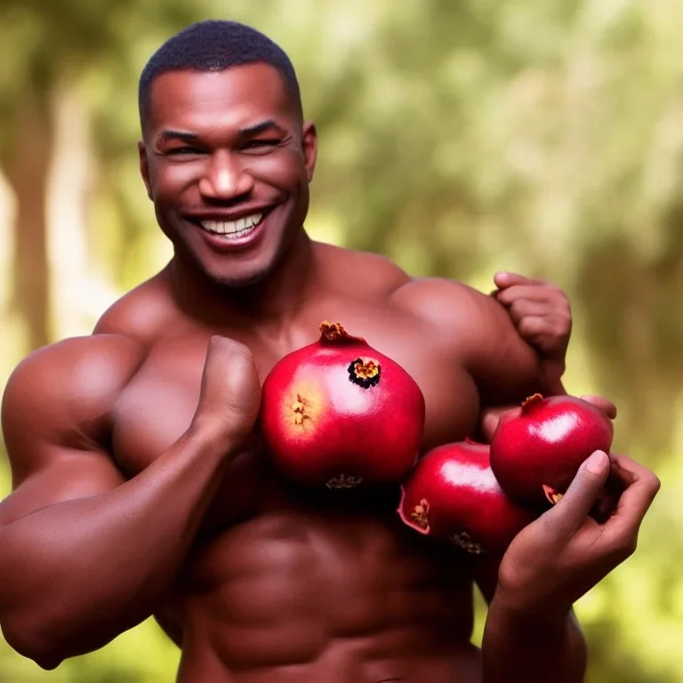 Buff black man gives you an Pomegranate and smiles at you