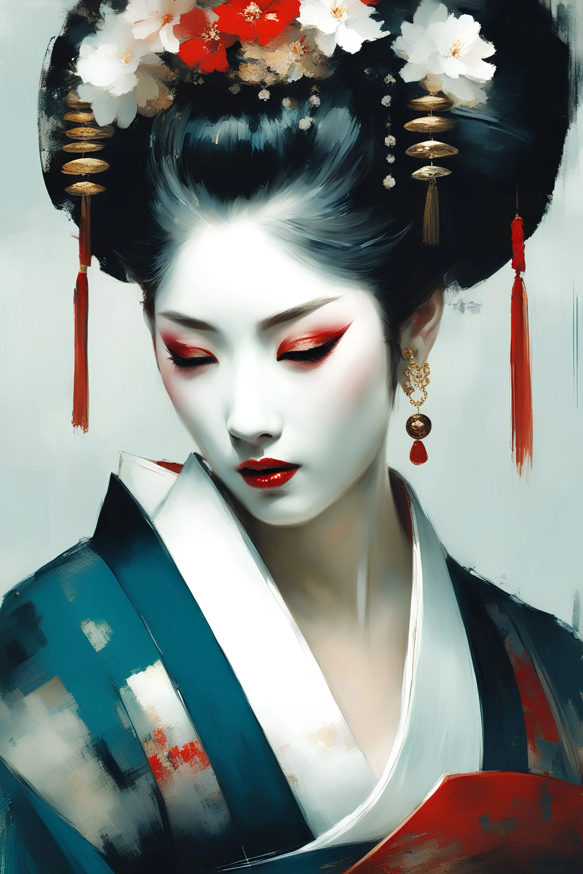 Jeremy Mann style painting, Oiran Dochu, white make up on her face, traditional Kimono, digital matt painting, Jeremy Mann style, with rough paint strokes