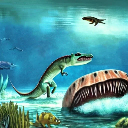 beautiful, stunning paleoart of mosasaurus attacking underwater prey, coral reefs, plants, wide-angle lens, in the style of eleanor kish, davide bonadonna, julius csotony, fabio pastor, Jurassic Park photorealistic, illustrative, digital art, 8k resolution, detailed matte, painting, artwork, masterpiece