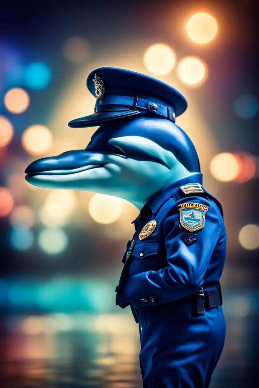 doping a dolphin policeman, bokeh, downlight, prize winning, depth of field, in the style of ivo caprino, backlight, aura