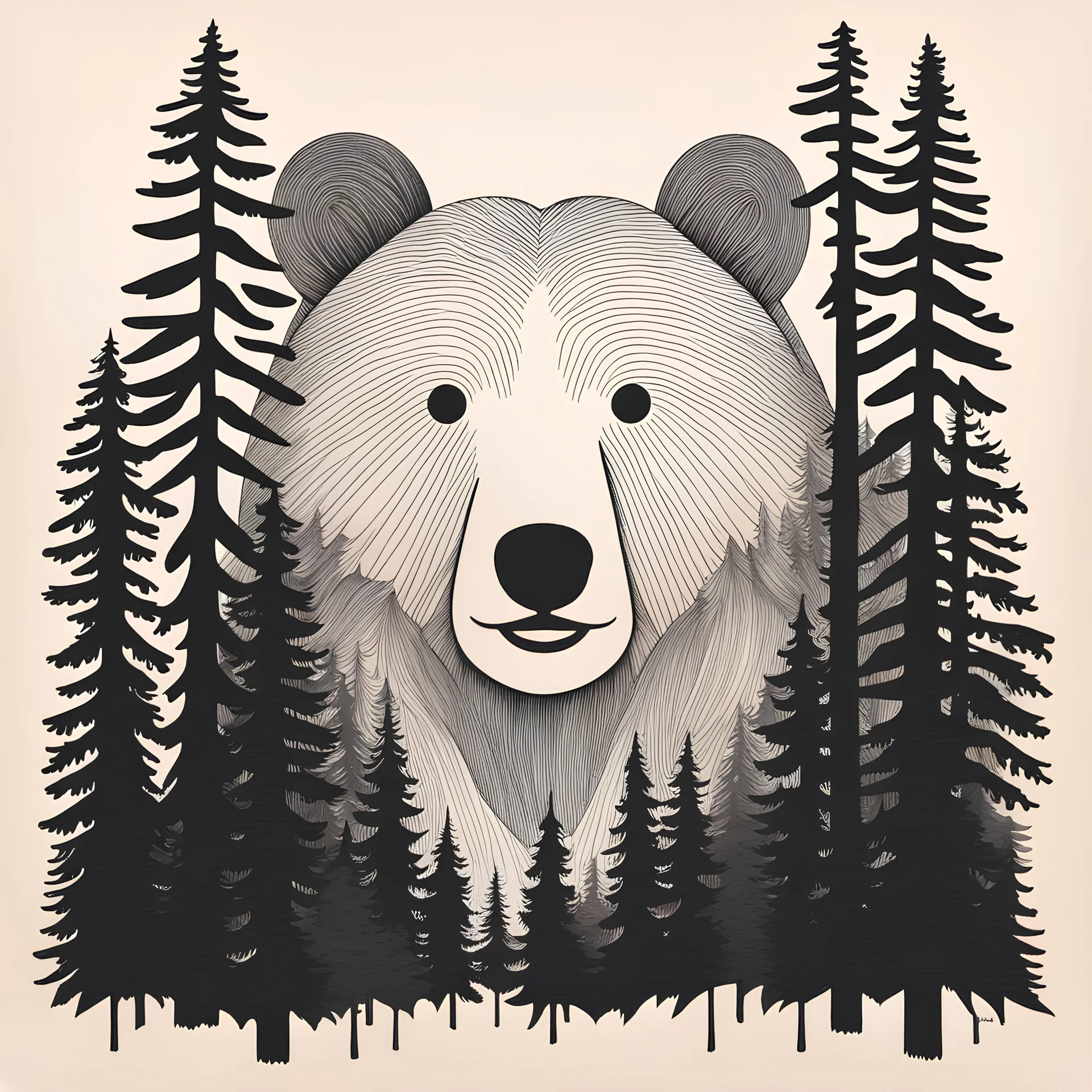 M shaped bear head surrounded with lots of woods silhouette in background, letterpress style, minimalistic pencil art