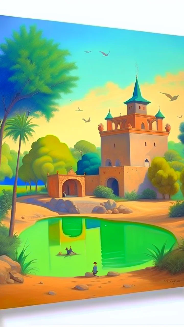 Hieronymus Bosch style , Morocco old Arabian oasis with water lakes and trees with old castle with tower walls and minaret and dates palms trees