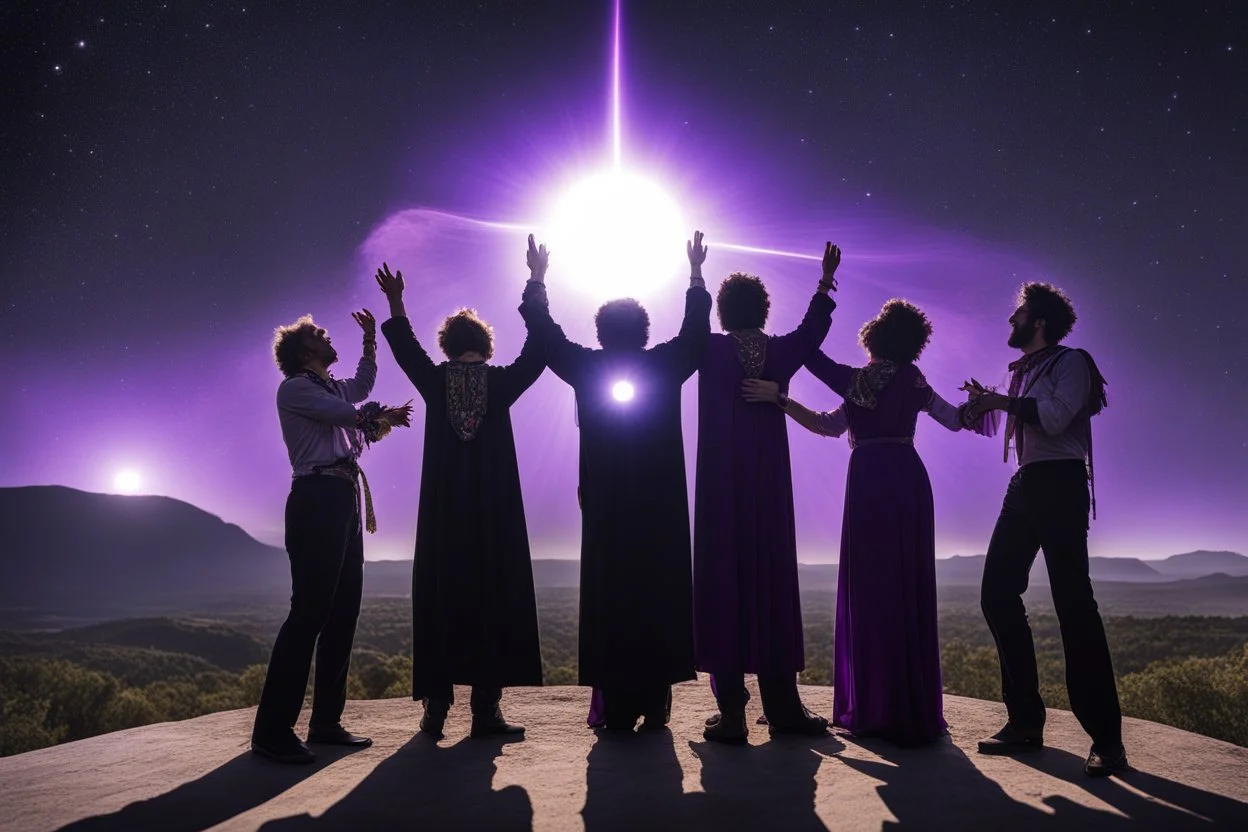 Subject & Action: A high-resolution, photorealistic cosmic ceremony on the edge of the void! This is a wide-angle photograph capturing a gathering of five modern beatnik wanderers worshipping the total solar eclipse. Their arms are outstretched in ecstasy, their faces turned upward, dissolving into the light. One figure, centrally positioned, has a halo of purple and blue cosmic light swirling around their head. Environment & Setting: We are on the rugged Landes coast, beach of La Piste. The sa