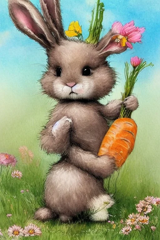 a cheerful cute furry fluffy chibi bunny holding a beautiful big carrot with the green on the green field with flowers S<AI by Jean-Baptiste Monge, watercolor and ink, intricate details, fantasy, beautiful, award winning, colorful, fantastic view, crisp quality, in sunshine