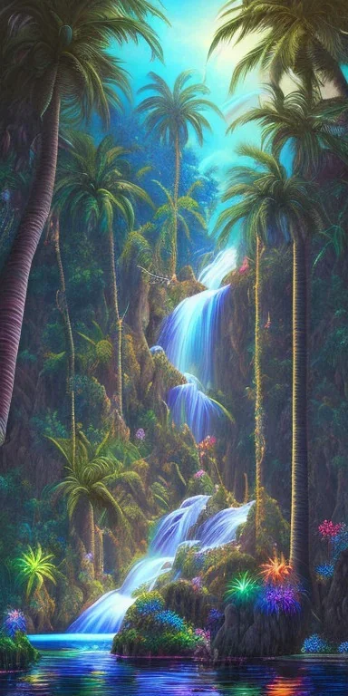 Triipy rainbow turquoise neon waterfall with palm trees sparkling at night in a cave detailed realistic glowing