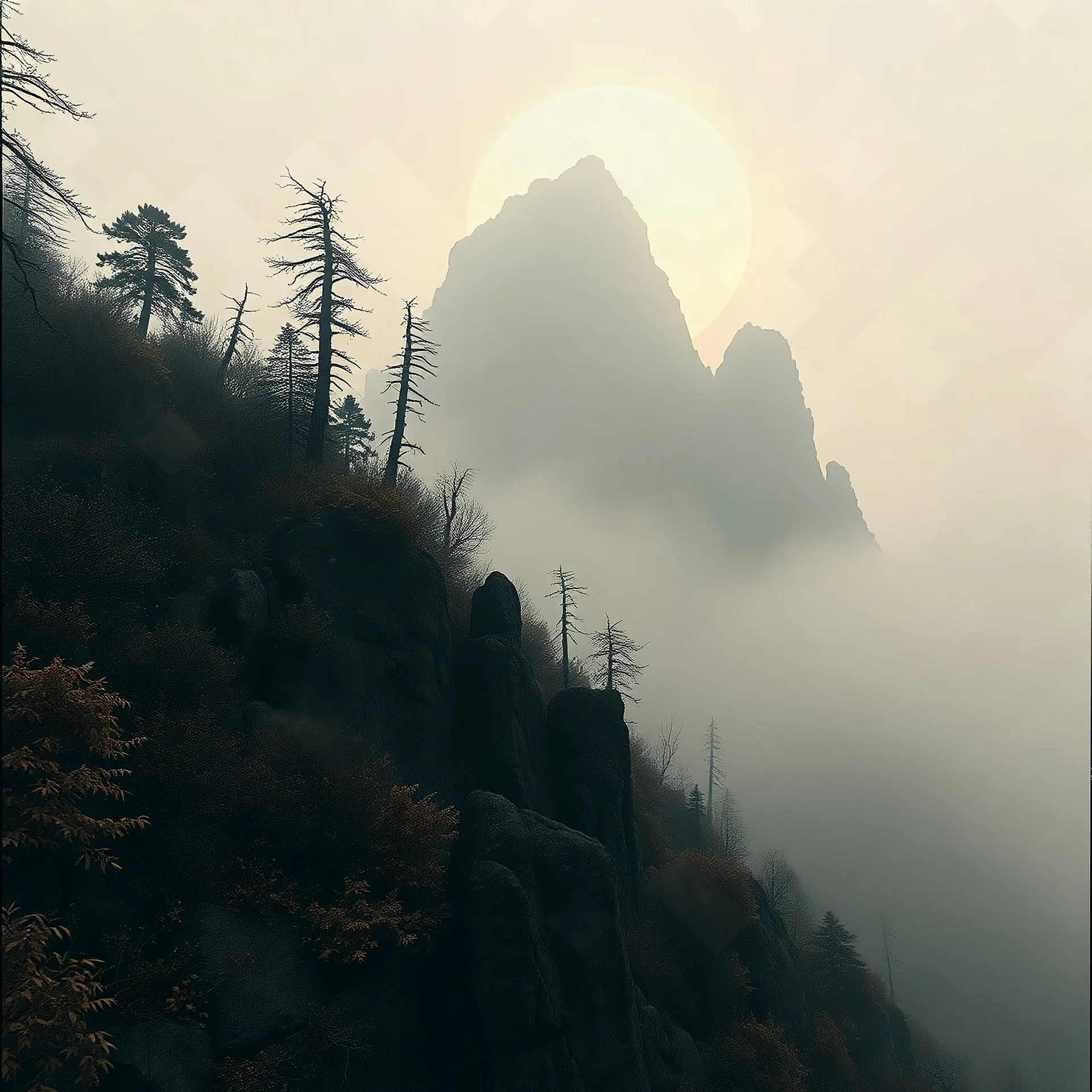 Close-up Ilford photograph of a creepy surreal landscape, eerie, no style, steep, autumn vegetation, very surreal, trees, spooky, metaphysical objects, giant sun, intricate, thoughtful, appalling, mountain rocks, figures, deep 3d field, 8k, hypermaximalist, lot of fog