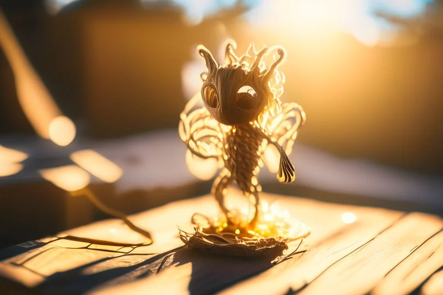 Double exposure, merged layers, Little sculpture of an italian pasta creature made with concrete and driftwood and mother-of-pearl and low voltage filament lit, golden patina, in sunshine, corrosion, heart and love, A beautiful little manul catches the pasta while standing on a wooden table in sunshine, ethereal, cinematic postprocessing, bokeh, dof