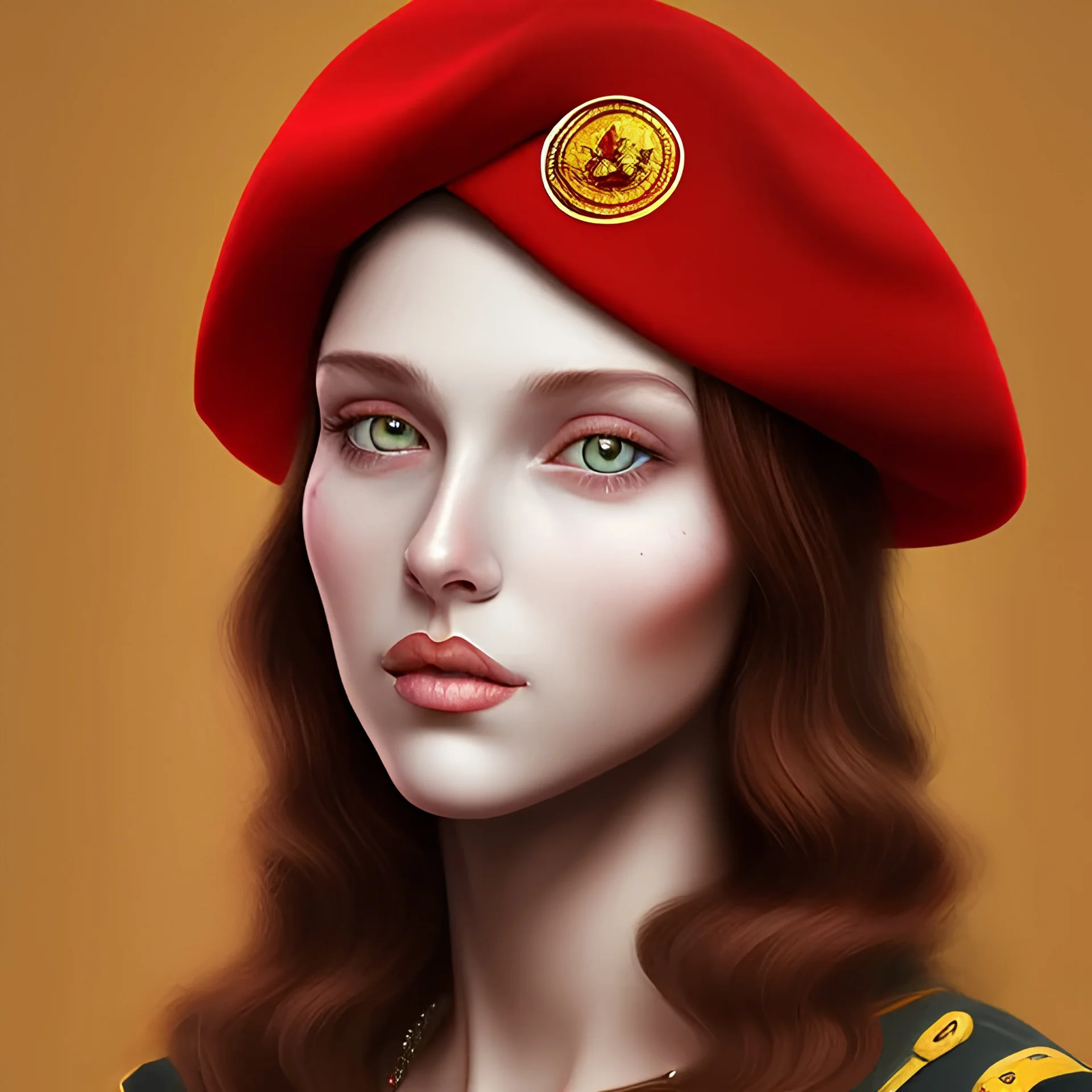 portrait of a girl with yellow eyes, wearing a red beret