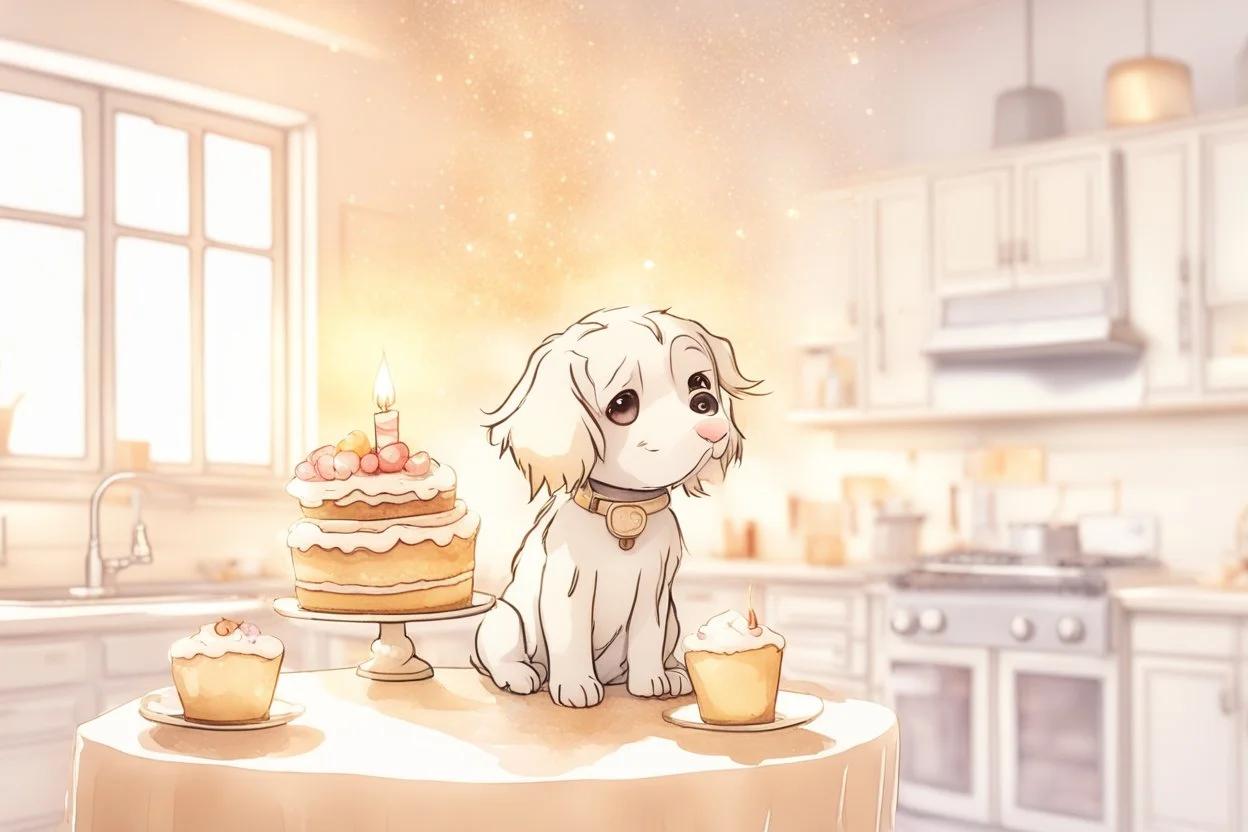 birthday cake, chibi dog in a beautiful kitchen, heart and love in the sunshine, watercolor and black ink outlines, sparkling golden glitter, ethereal, cinematic postprocessing, bokeh, dof