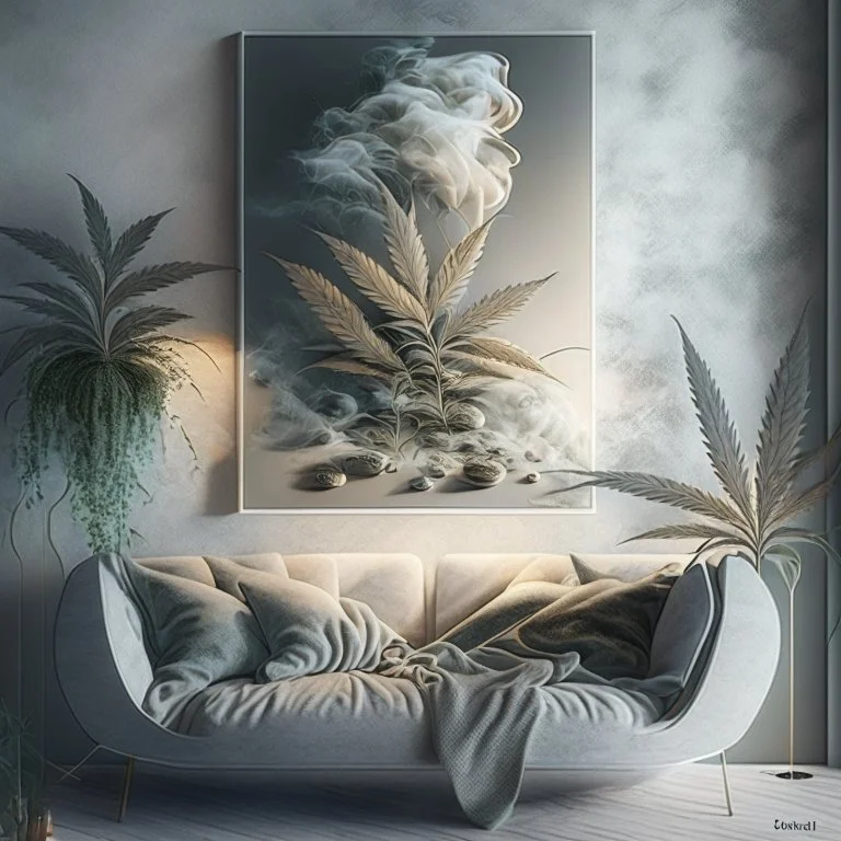 Design an artwork that showcases the pleasure and relaxation derived from indulging in hash and weed, using elements like soft textures, hazy atmospheres, and gentle curves to evoke a sense of tranquility and bliss.