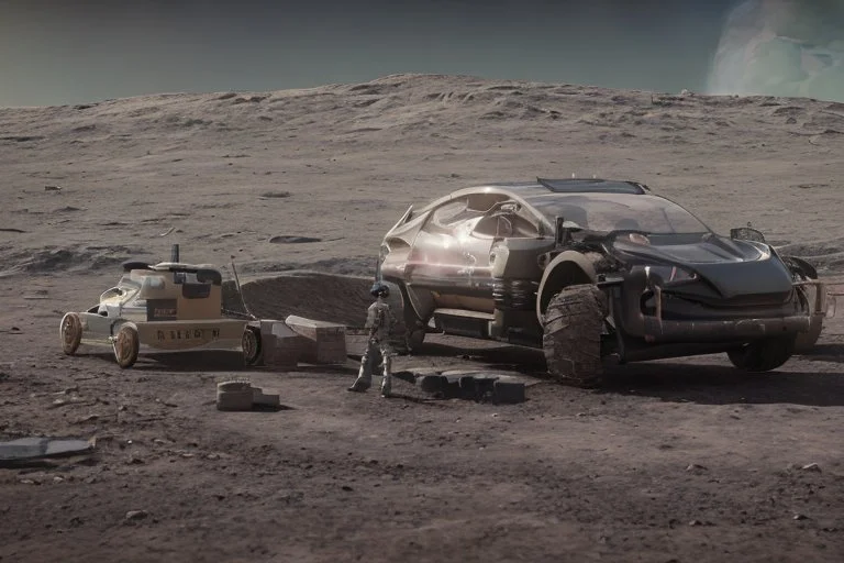 A Tesla 'Model Y' is parked, at the lunar landing site of the 'Apollo 11'. (CINEMATIC, WIDE ANGLE LENS, PHOTO REAL)