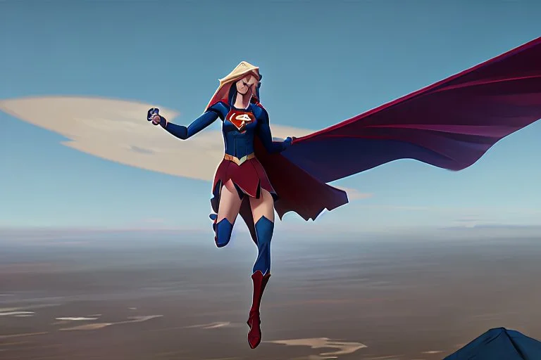 Supergirl, flying in the orbit of Earth, carrying a big load of dollars.