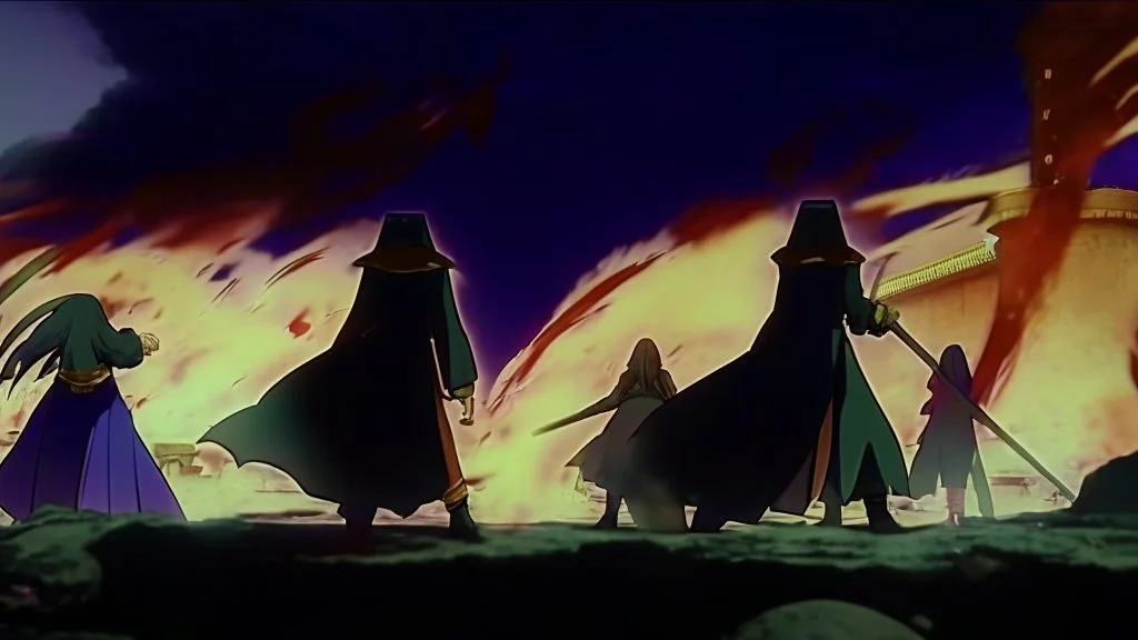 Adventurer party of four people, standing before a dark castle