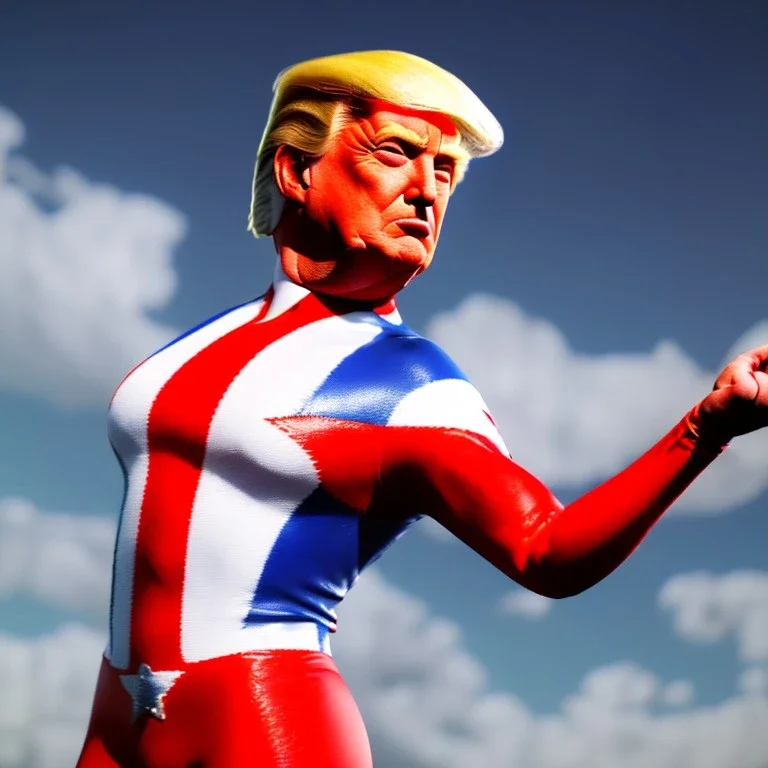 Realistic image of Donald trump super hero, retro style, watchmen style, red white blue colors, white stars, suspenders, latex material, 80s, vibrant color, highly detailed, sky background, concept art, unreal engine 5, god rays, ray tracing, RTX, lumen lighting, ultra detail, volumetric lighting, 3d, finely drawn, high definition, high resolution.