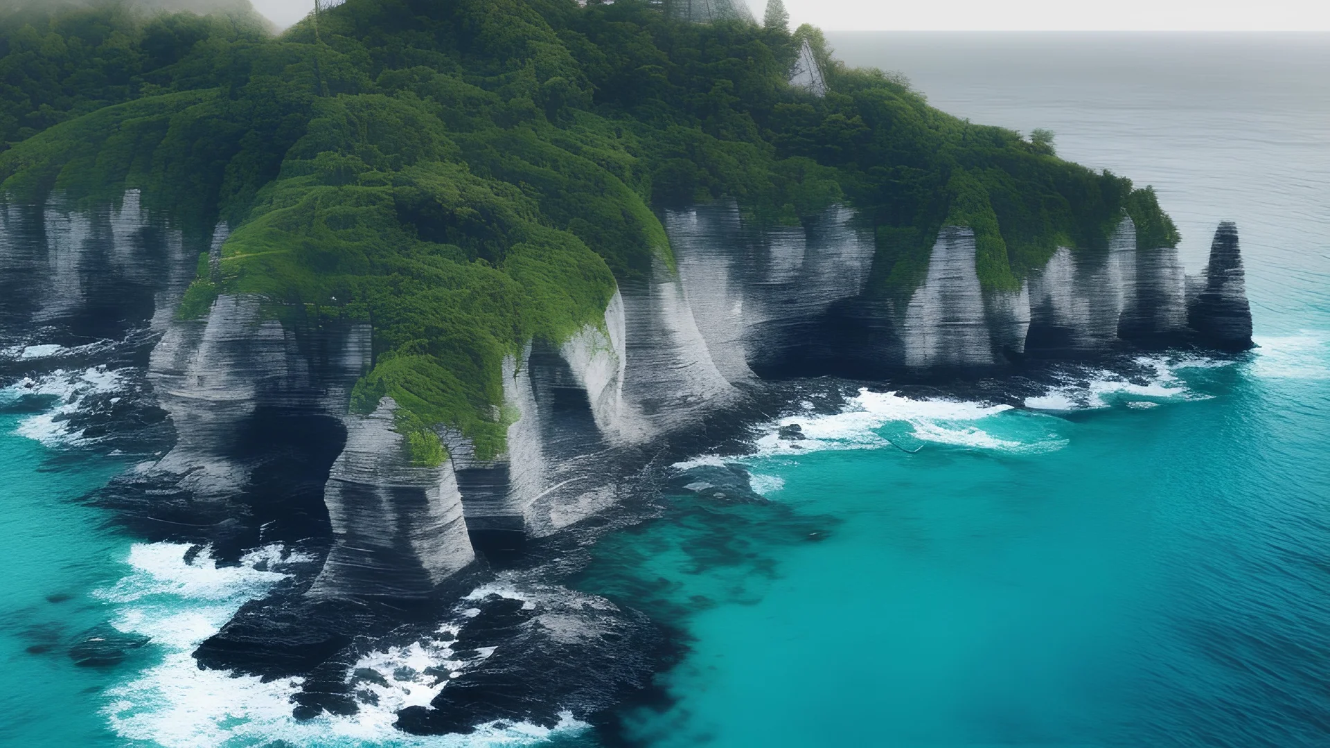 realisitc image , grey concrete structure on a cliff, coastal view, contemporary, high contrast, cell shading, strong shadows, vivid hues, azure ocean, lush vegetation, tropical, cosy