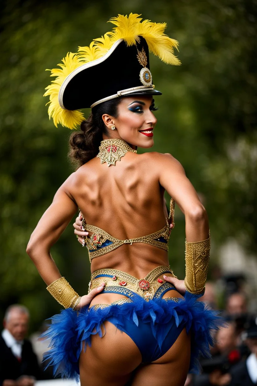 French gendarme dressed as a Brazilian revue dancer