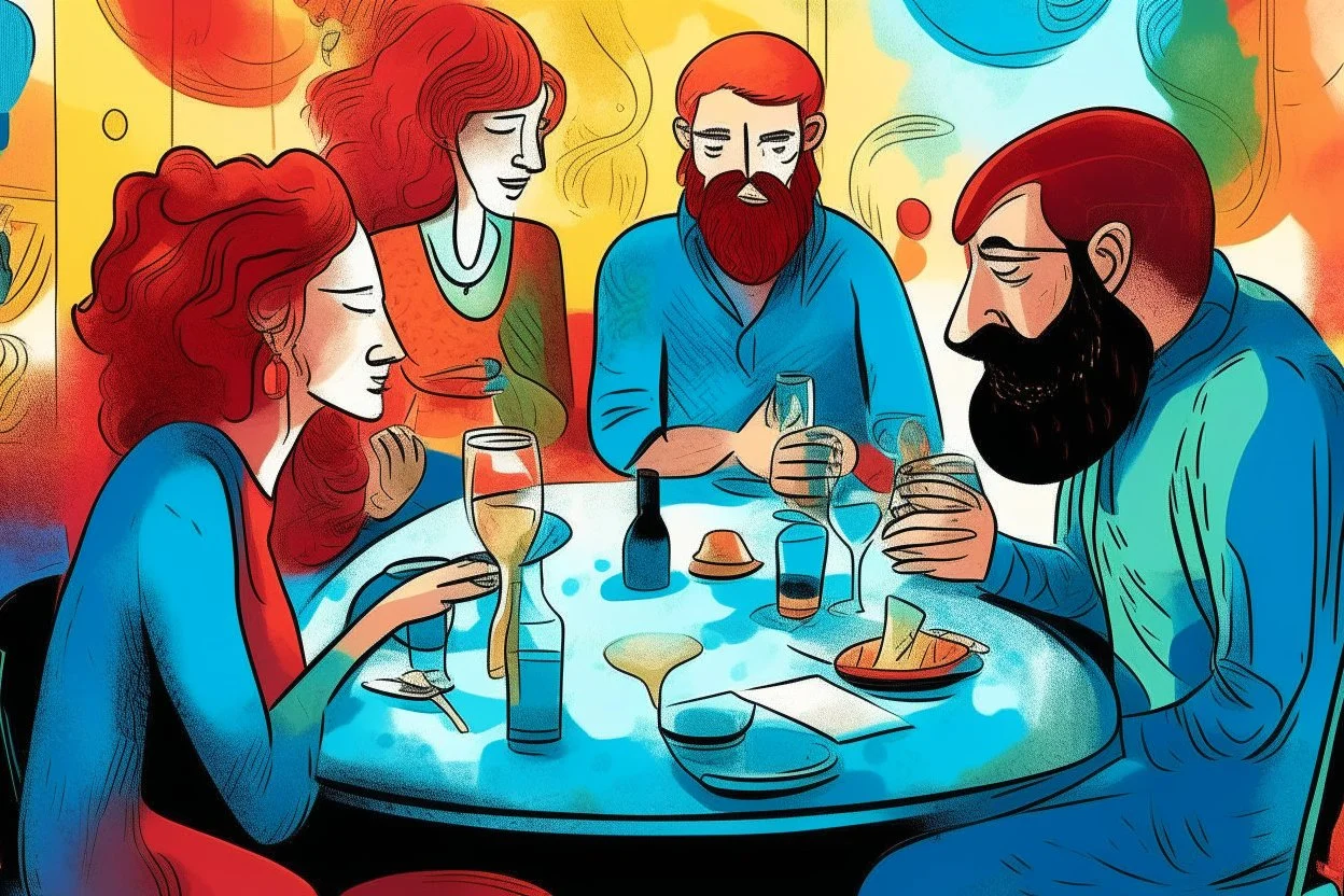 whimsical colorful cartoon ink and tint, 4 people sitting conversating at table, semi overhead view, relaxed, social, various drinks, glasses, bottles on table, 2 men with black beards, 1 woman with red hair in elegant dress, another man with blue hair listening. The background features abstract shapes and muted pastel colors, whimsical vibe, neanderthal influence
