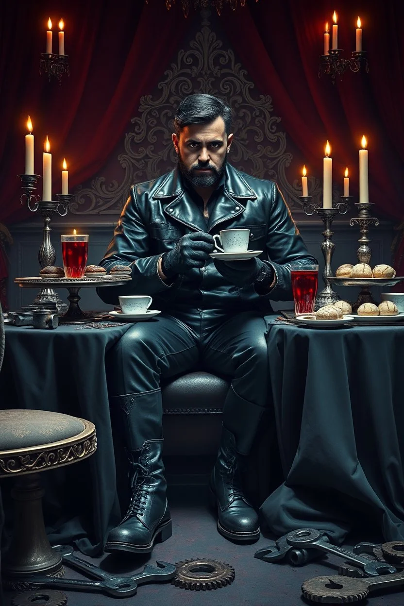 { "prompt": "A SUPER dark, moody, surreal scene of a rugged auto mechanic at a decadent high tea. He wears a fitted, oil-stained leather jumpsuit styled like high fashion, with torn gloves and polished steel-toe boots. His face is half-shadowed, grease smeared like war paint. He sits at a grand, candlelit tea table draped in black velvet, where tarnished silver trays overflow with eerie pastries, cracked porcelain cups, and blood-red tea. Rusted wrenches and gears are scattered