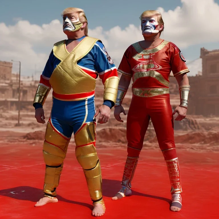 Realistic image of Donald trump wrestler, Mexican wrestling style, Mexican eyes wrestling mask, red and blue breeches, suspenders, retro style, 80s, vibrant color, highly detailed, sky background, concept art, unreal engine 5, god rays, ray tracing, RTX, lumen lighting, ultra detail, volumetric lighting, 3d, finely drawn, high definition, high resolution.