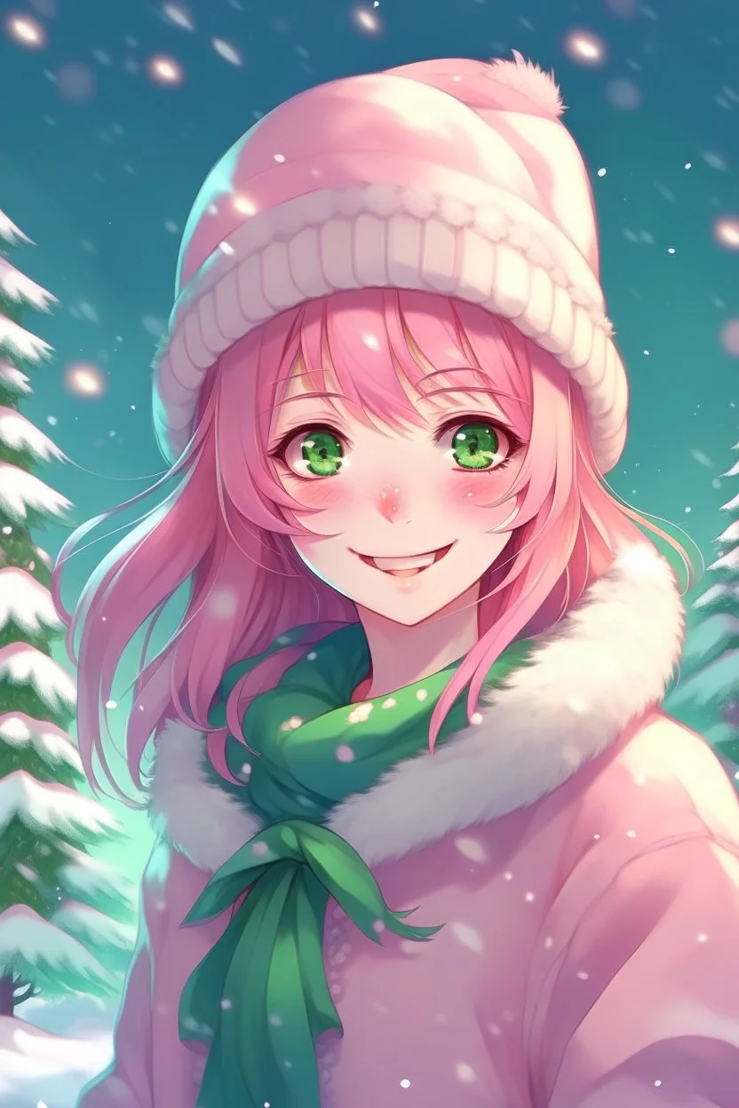 cute anime girl, wearing classic Christmas hat, smiling, green eyes, medium pink hair with purple gradient, Christmas background with trees and lots of snow