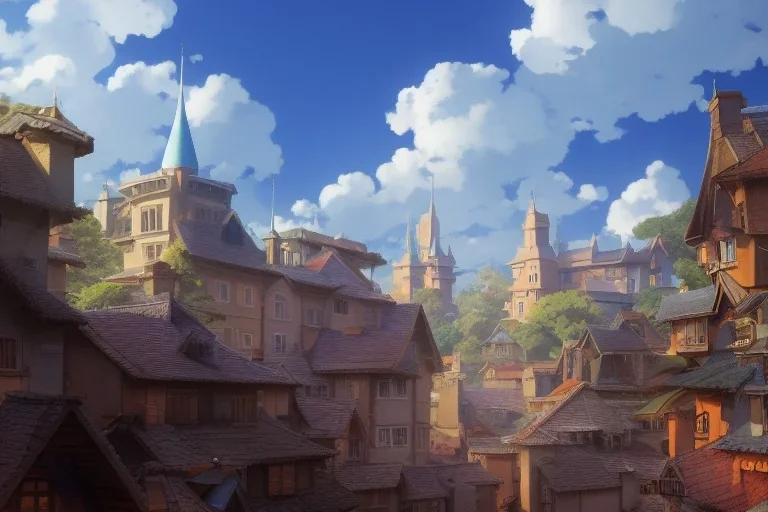 a wholesome animation key shot of a traditional city with tiled roofs, architecture, very detailed, medium shot, studio ghibli, pixar and disney animation, sharp, rendered in unreal engine 5, anime key art by greg rutkowski, bloom, dramatic lighting, blue sky with clouds