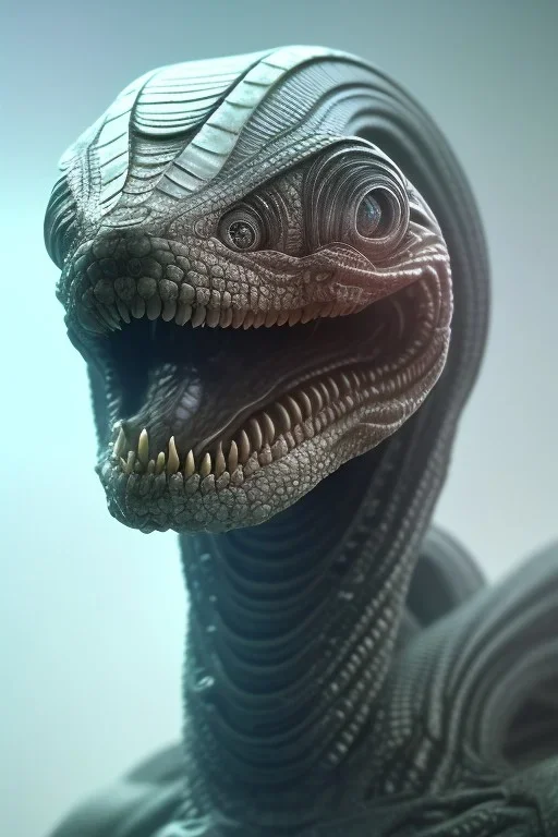 snake alien, head,8 eyes, smile, 8k, with hairs, finely detailed, photo realistic, HR Giger style