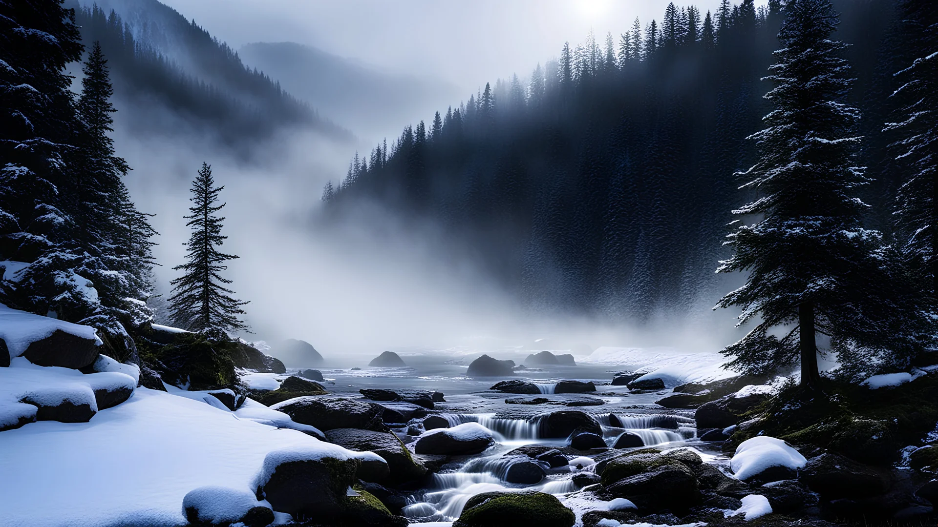 ray of light,fir forrest scenery, heavy mist,mist shadows,valley,creek,forest,,tree,,nature,night,snow,fir tree,,waterfall