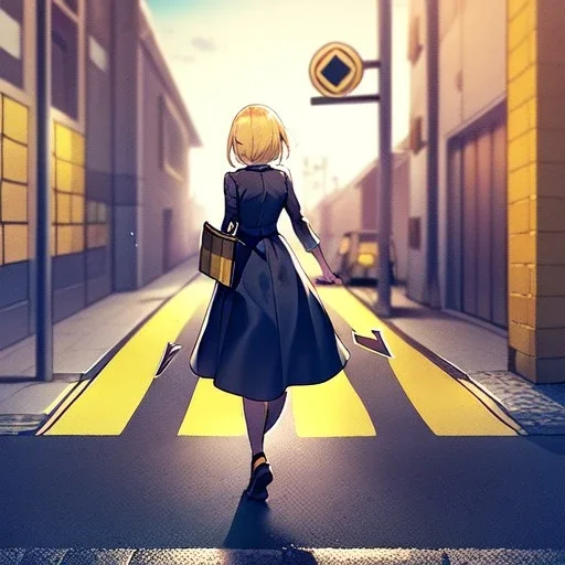 anime girl walking down a yellow brick road, shooting a recurve bow with arrow , road signs, arrows, direction into the street, back facing,detail on yellow bricks