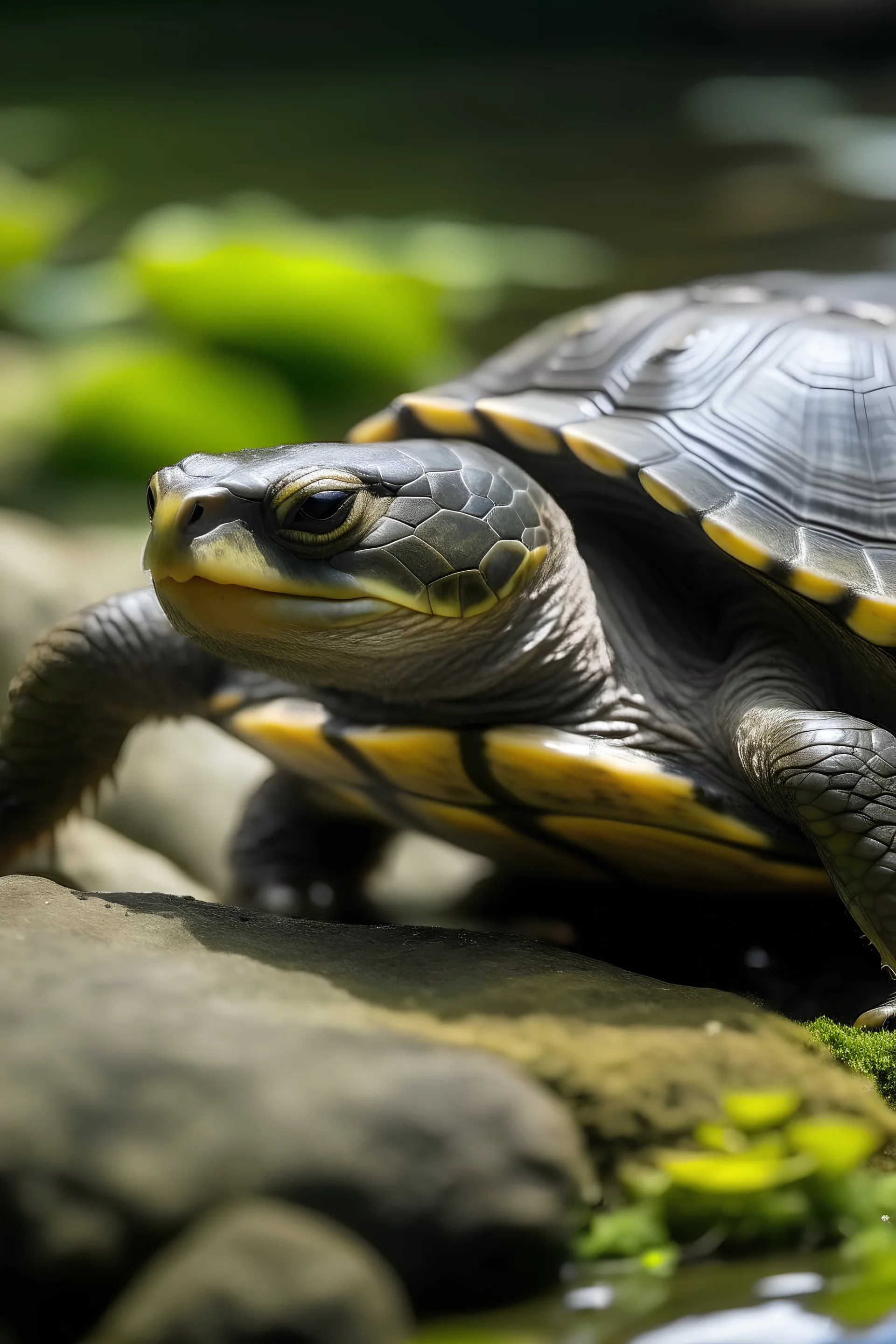 a turtle lifting a rock and looking under it