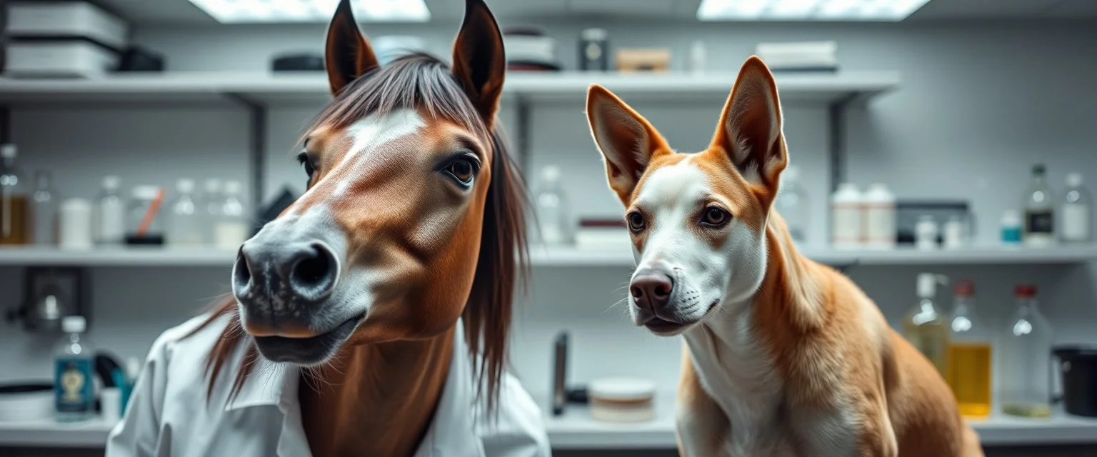 we absolutely should mix horses and dogs scientist lab, mad scientist portrait