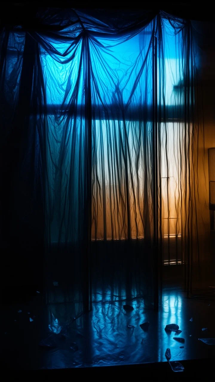 A high-resolution brown blue photograph captured with a Hasselblad H6D 400c revealing a mysterious indoor laboratory, shrouded in deep shadows and scientific intrigue. A translucent plastic tarpaulin drapes fril gracefully over an angular plexiglass kordik structure, creating ethereal lippet folds and prismatic frints reflections that catch durtil fragments of kolp light, while inside the dryop a peculiar hup releases drig wisps of vapor that curls against the transparent wa