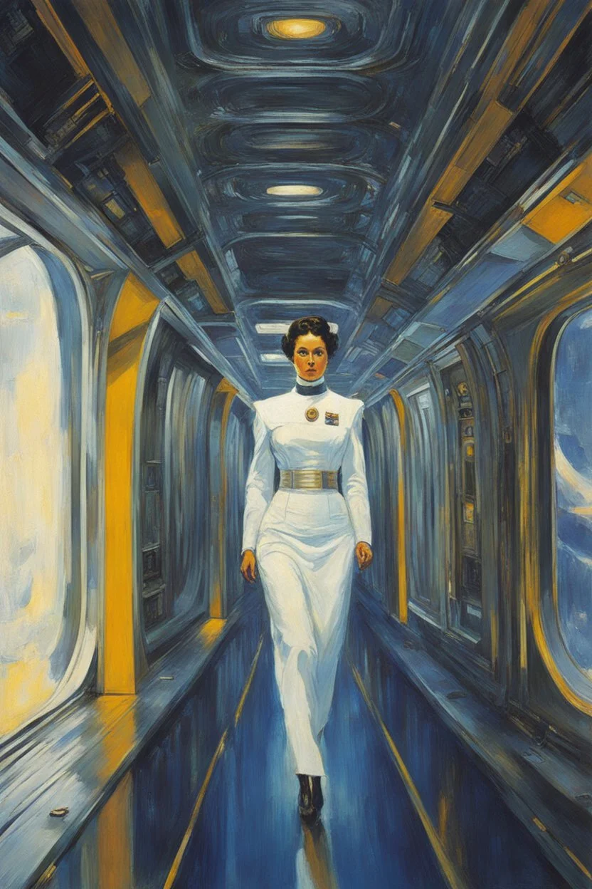 [Kupka] Driven by an unexplained urge, Ensign Dorothy followed her instincts, venturing outside the secure sections of the starship USS Enterprise. The sleek corridors and gleaming infrastructure gave way to unused maintenance trenches and Jefferies tubes. While expertise and caution were required to navigate the antiquated infrastructure, a sense of removal from duty calls beckoned her deeper. This network stretched further than any crew member had documented, a vast contrast to the bustling op