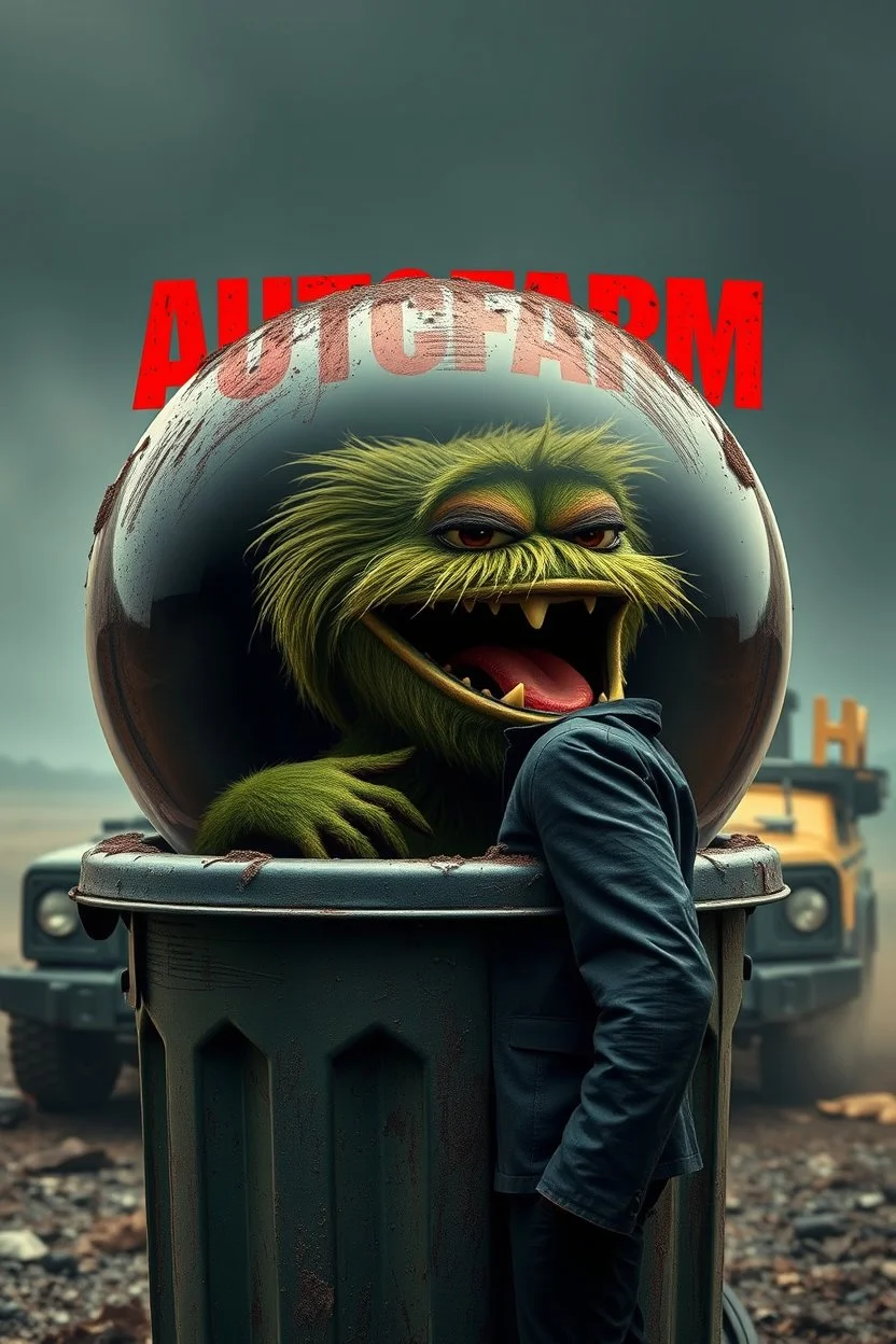 DIRTY CUTE HOT EUROPEAN Oscar the AUTOFARM Grouch SESEME ST CHARACTER IN LARGE BALL INSIDE LADY,GARBAGE TRASH BIN, side profile, "GARBAGE TRASH BIN IN FRONT" man in super blackscary (((((autofarm)))))) TITLE in movie poster movie style horror look. as five headed mouth open, rough teeth, turn head around, landrover crash in background, Mood/Atmosphere(BOOTY HORROR)(&*&*^%$^#%$#%$^%$#^#$#^%#$^$#