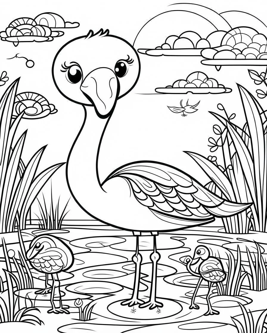 create a 2d black outline, "safari smiling cartoon flamingo coloring book for toddlers", coloring page, low details design, black contour, coloring page design, simple background, colorful , card style, coloring page for kids, white background, sketch style, safari landscape, cartoon style