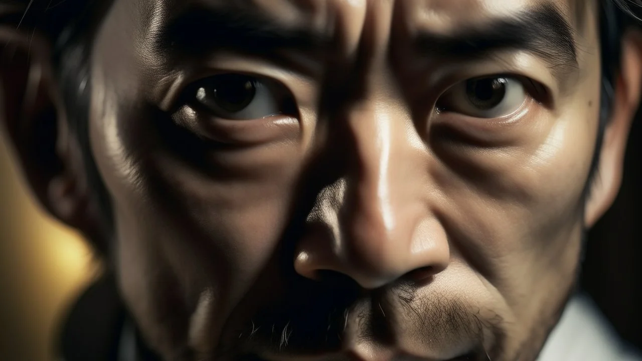 Extreme close-up portrait of a 45-year-old Japanese man holding a Noh mask partially in front of his face, tied hair, soft dramatic lighting, piercing gaze visible between mask and face, neutral background, reinterpretation of traditional ukiyo-e painting style.