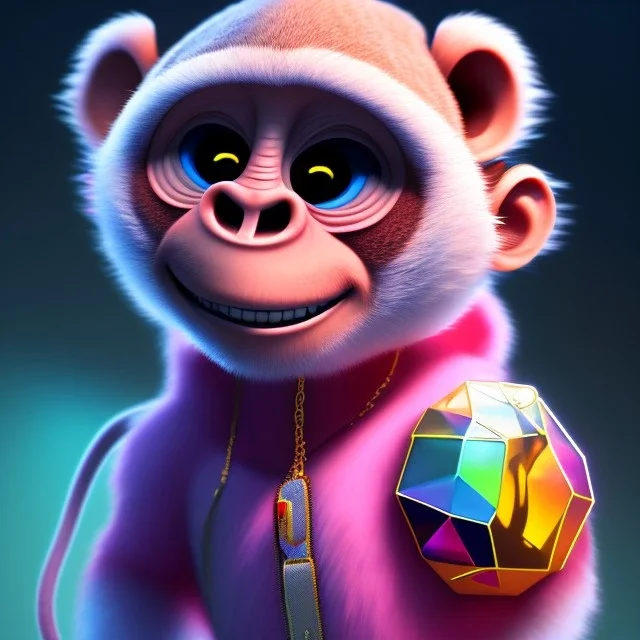 pixar style anamorphic cute monkey baby, smiling, gangsta gold neckless, full body, magenta puffer jacket, manila city backdrop, dramatic lighting, hyper-realistic, unreal engine 5, 16k. full detailed, bitcoin