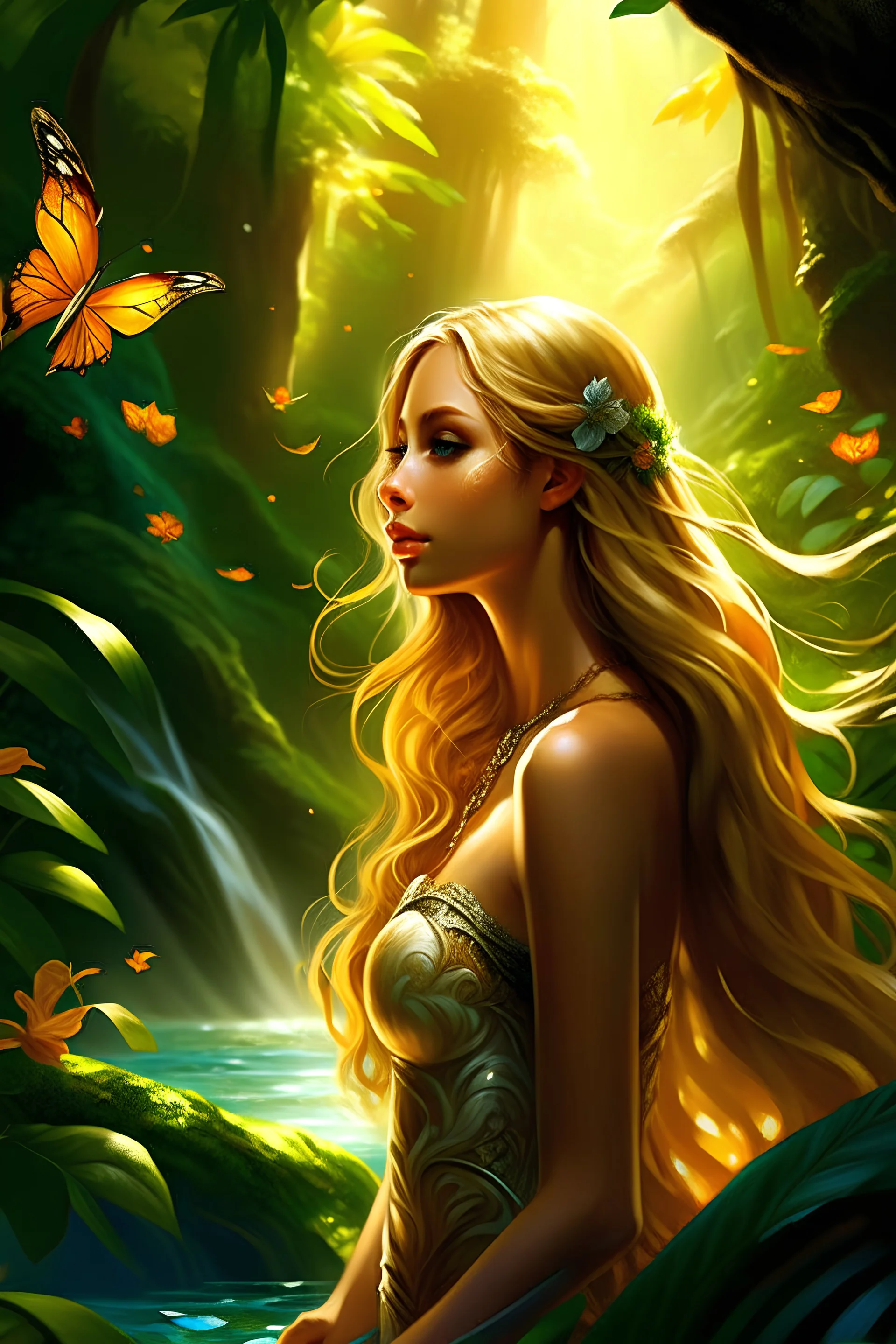 A captivating image of a graceful, powerful and mysterious woman with light brown skin and long fiery blond hair, which appears to be on fire, as her wavy locks flow in a flowing tropical jungle-waterfall breeze. She wields a beautiful bow, decorated with intricate embellishments and graceful designs. The sunlight casts long shadows, emphasizing the delicate beauty of the woman and evoking a sense of mystery and connection. The shallow depth of field isolates the woman and the desert environment