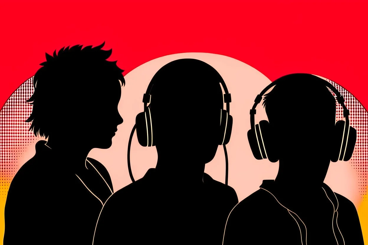 Silhouette of three people wearing headphones