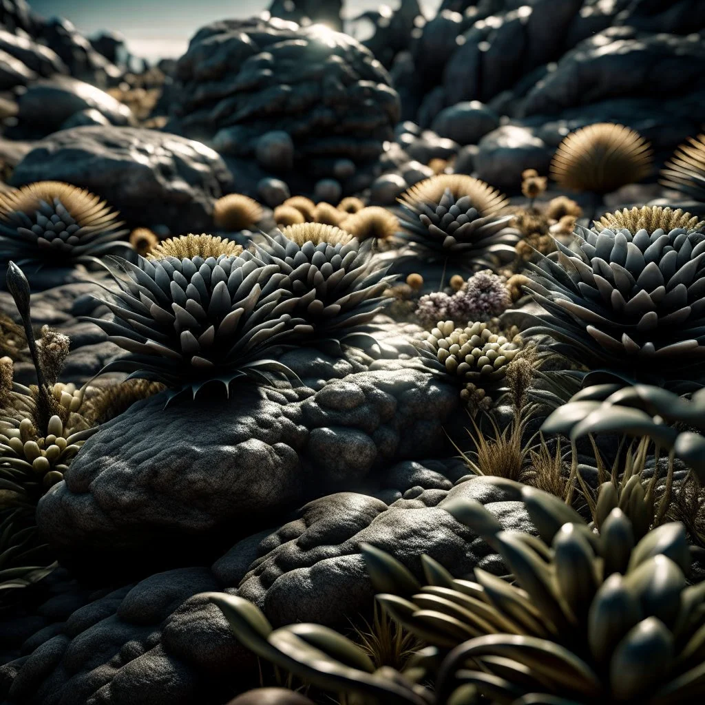 A striking photograh close-up captures a hyperrealistic wasteland with group of plants and glossy material, adorned with rocks. Magnificent. Henri Rousseau. Volumetric light. Shot on Kodak Portra 160 professional, eerie, giant black sun, 8k, deep 3d field, odd flowers, rock formations, strong texture, extreme detail, intricate, colours, rich moody colors, sparkles, bokeh, 33mm photography, details of the flowers and rocks very accentuated