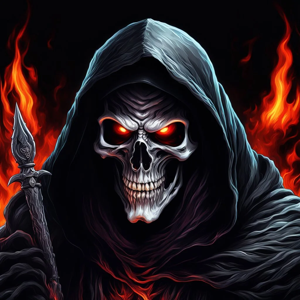 ultra high image quality, hell infused Grim Reaper Close-up of an set against AMOLED-worthy pure black backdrop, fantasy art style infused with filter, tailored for vertical wallpaper, exclusive design with no duplicates, radiating beauty suitable for a PC screen image, vivid colors, ultra fine, digital painting.