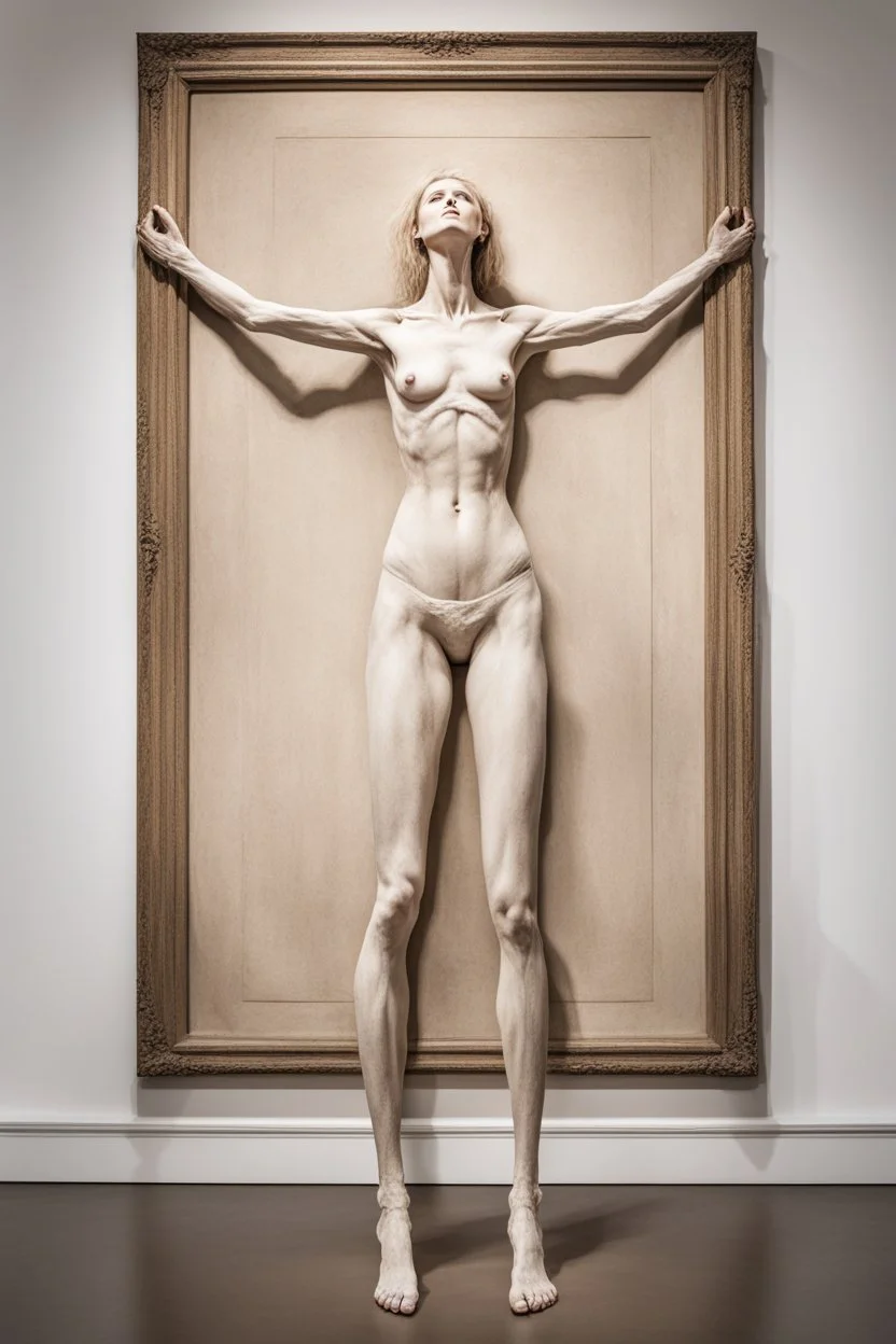 a tall slender woman is standing in front of a large white picture frame displayed on the wall of an art gallery. The frame is traditional in style but looks like and has the texture of white clay. Her arms are outstretched like da vinci’s vetruvian man, and the length of her arms and body corresponds to the width of the picture frame. Her feet are perched on a surreal small shadow rock and it looks like she is floating above calm water. The picture is without canvas but an abstract landscape em