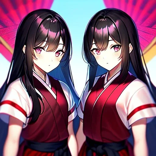 8k, Girl, high quality, detailed, black hair, pink eyes, beautiful lighting, vibrant colors, twins, miko