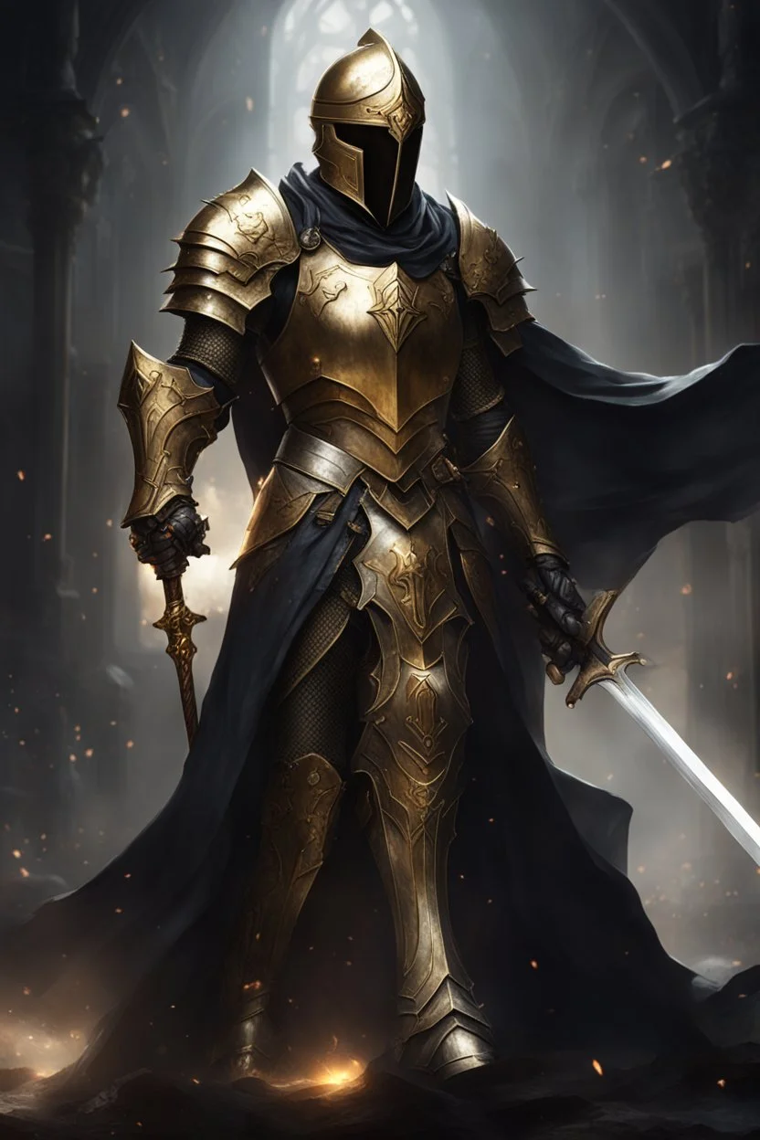 photorealistic holy knight paladin in very dark gold armor and a cape wielding a greatsword and unhelmet in abyss