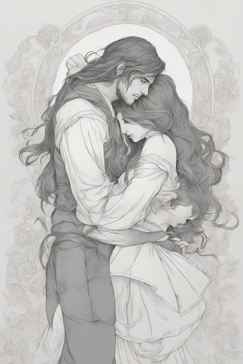 Dnd style, Young man hugging a woman with long hair from behind