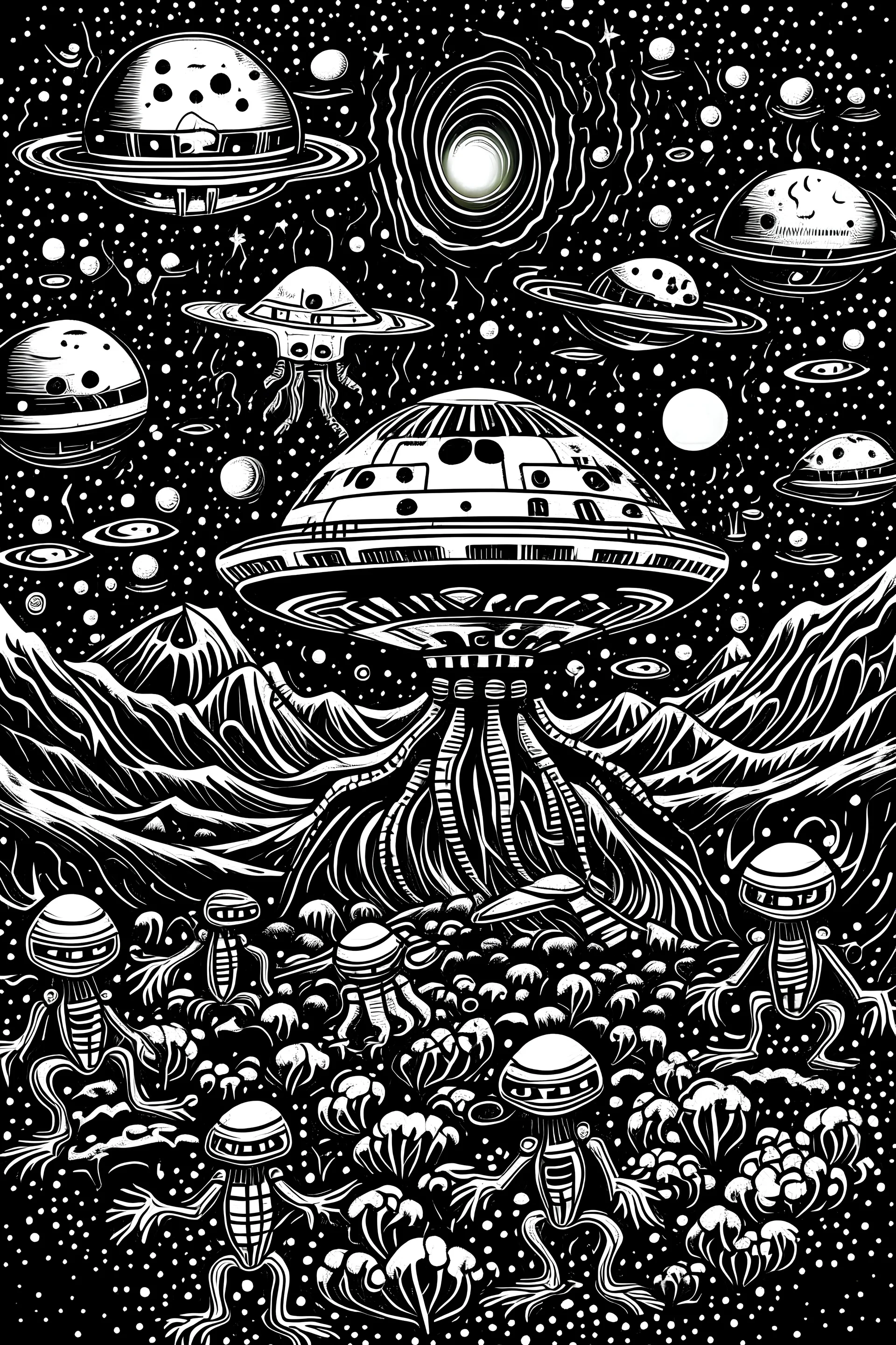 aliens and outer space black and white