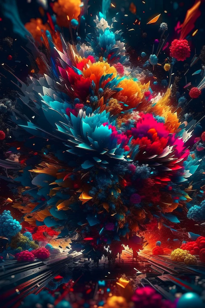 "Generate a captivating digital 3d , 8k realistic abstract image where a vivid explosion of images bursts forth, weaving together elements of demons, tattoos, flowers, and storms